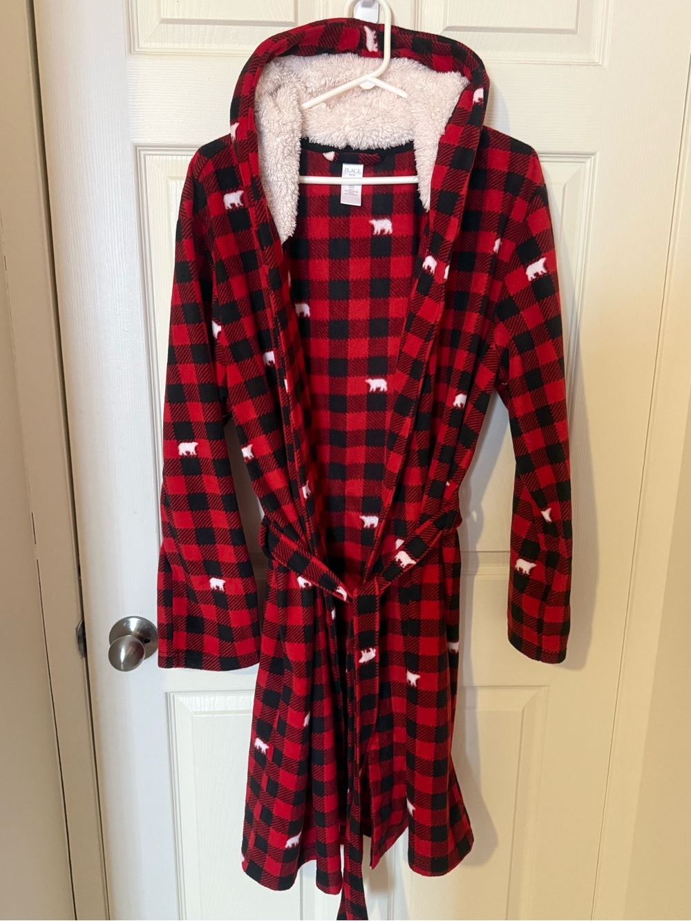 Red and Black Buffalo Plaid Hooded Fleece Robe with White polar bears